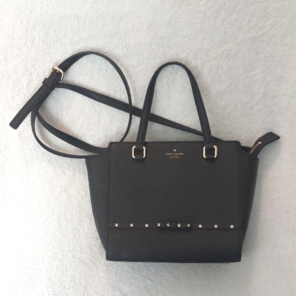 Kate Spade Rhinestone Bow Accent Black Satchel Purse with Removable Strap